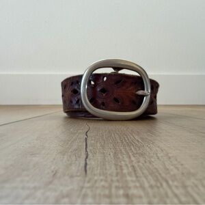 Fossil Brown Tooled Soft Leather Cut Out Western Boho Women Belt 47.5”